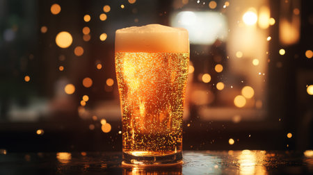 A beautifully illuminated glass of light beer with bubbles rising.の素材