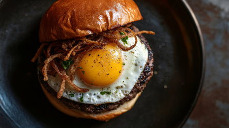 A beautifully presented truffle burger with a fried egg and crispy onions, photographed from above.の素材