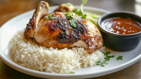A casual dining scene with a plate of rice and roasted chicken, served with dipping sauce. --ar 16:9の素材