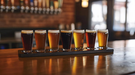 A beer flight with several small glasses of different brews, set on a bar counter.の素材