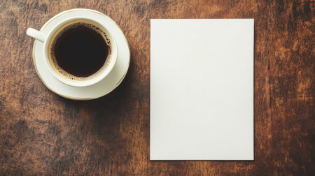 A blank menu card on a table with a cup of coffee, allowing room for text.の素材