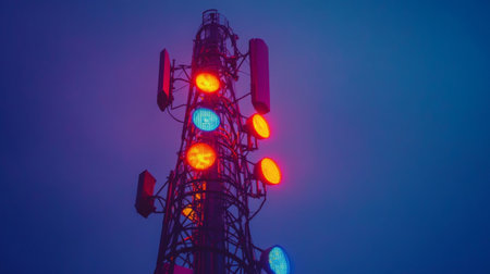 A close-up of a signal tower illuminated with vibrant colors, standing tall in the evening.の素材
