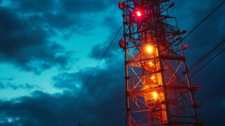 A close-up of a signal tower illuminated with vibrant colors, standing tall in the evening.の素材