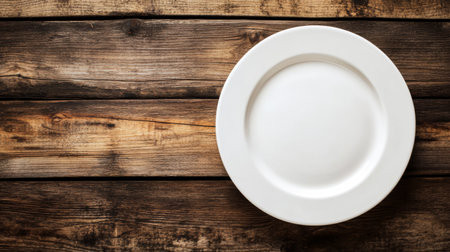 A clean white plate on a rustic wooden table, leaving ample copy space for text.の素材