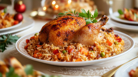 A festive table setting featuring a main dish of rice with roasted chicken and vegetables.の素材