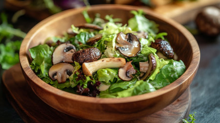 A gourmet salad with truffle mushrooms, mixed greens, and a light vinaigrette.の素材