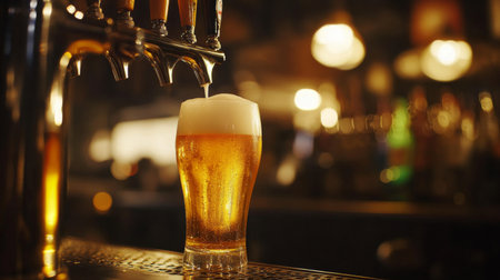 A close-up of a beer glass being filled from a tap, with warm bar lightingの素材