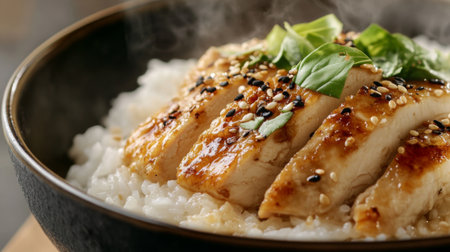 A close-up of a steaming bowl of rice topped with perfectly roasted chicken breast.の素材