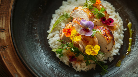 A chef's plating of rice with roasted chicken, accented with edible flowers.の素材