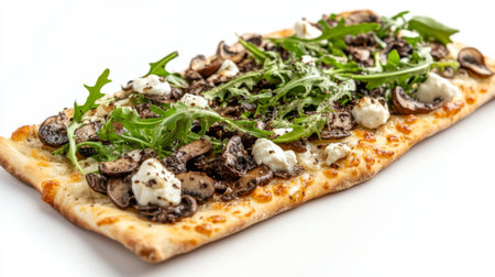 A gourmet flatbread topped with truffle mushrooms, goat cheese, and arugula, isolated on whiteの素材