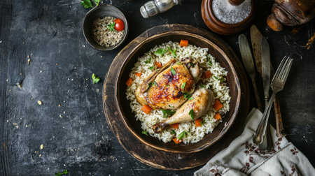 A comforting meal of rice and roasted chicken, styled with rustic cutlery and napkins.の素材