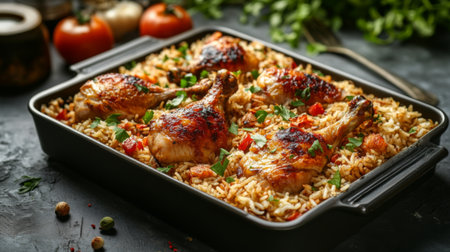 A family-style serving of rice with roasted chicken, ready for sharing.の素材