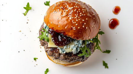 A delectable truffle burger with blue cheese and fig jam, shot from above on a white background.の素材