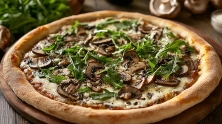A gourmet pizza topped with truffle mushrooms and arugula, showing rich details.の素材