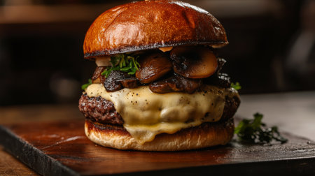 A decadent burger with melted cheese and truffle mushrooms, showcasing delicious layers.の素材