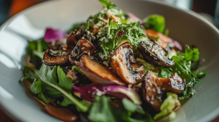 A gourmet salad with truffle mushrooms, mixed greens, and a light vinaigrette.の素材
