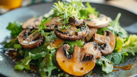 A gourmet salad with truffle mushrooms, mixed greens, and a light vinaigrette.の素材