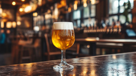 A glass of beer placed on a bar with a stylish, modern interior in the background.の素材