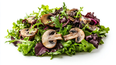 A gourmet salad with truffle mushrooms, mixed greens, and a light vinaigrette, isolated on a white background.の素材