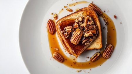A gourmet plate of honey toast with caramel sauce and pecans, shot from a top-down perspective on a white background.の素材