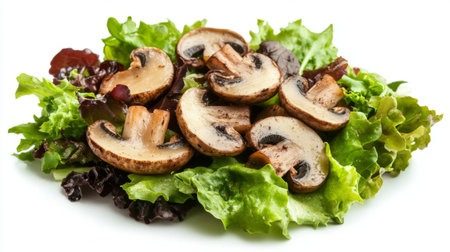 A gourmet salad with truffle mushrooms, mixed greens, and a light vinaigrette, isolated on a white background.の素材