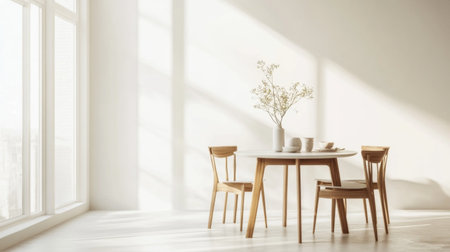 A minimalist dining area with a round table, a few chairs, and a clean, airy feel.の素材