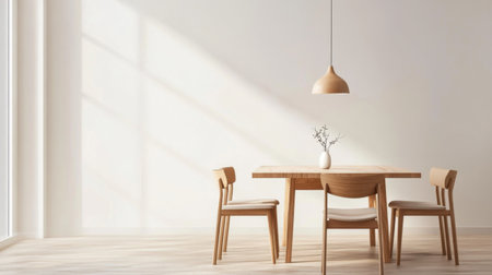A minimalist dining area with a wooden table, four chairs, and a single pendant light.の素材