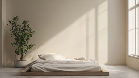 A minimalist bedroom with a low platform bed, simple bedding, and a single plant.の素材