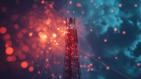 A network tower with signal waves emanating, symbolizing wireless communication infrastructure.の素材