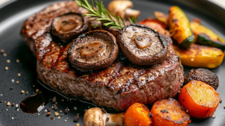A juicy steak topped with truffle mushroom slices, served with roasted vegetables.の素材