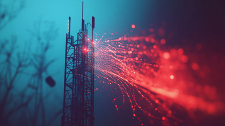 A network tower with signal waves emanating, symbolizing wireless communication infrastructure.の素材