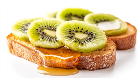 A mouthwatering honey toast with sliced kiwi and a drizzle of honey, isolated on a white background.の素材
