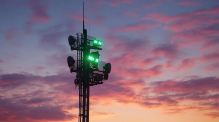 A signal tower with green and blue lights, set against a sunset sky.の素材