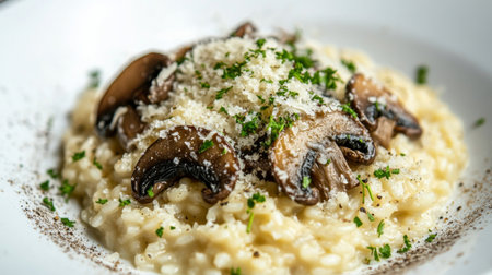 A luxurious plate of truffle mushroom risotto, garnished with parmesan and herbs, with a white background.の素材