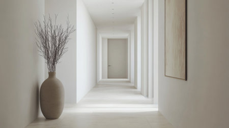 A minimalist hallway with a single piece of art and clean, uncluttered lines.の素材