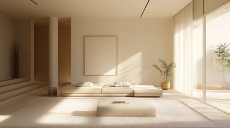A minimalist living room with a neutral color palette, a few decorative elements, and plenty of open space.の素材