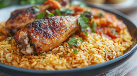 A plate of fragrant rice paired with succulent pieces of roasted chicken and herbs.の素材