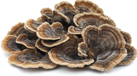 A pile of fresh turkey tail mushrooms, showcasing their natural textures and colors on a white background.の素材
