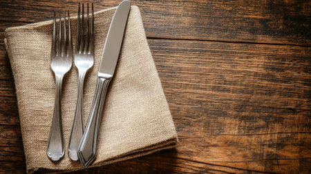 A single fork and knife set on a napkin, with plenty of space for menu descriptions.の素材