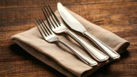 A single fork and knife set on a napkin, with plenty of space for menu descriptions.の素材