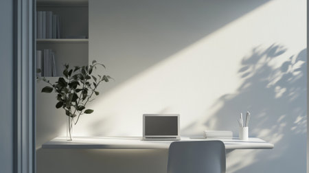 A minimalist home office with a simple desk, chair, and a laptop, surrounded by white walls.の素材