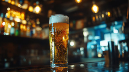 A tall glass of lager with bubbles rising, framed by the bar's ambient lighting.の素材