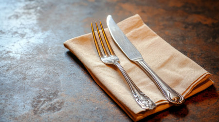 A single fork and knife set on a napkin, with plenty of space for menu descriptions.の素材