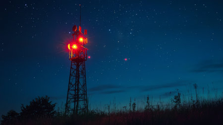 A signal tower with lights shining brightly in the night, with stars visible in the background.の素材