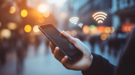 A smartphone in hand, with Wi-Fi signal strength icons floating around it.の素材