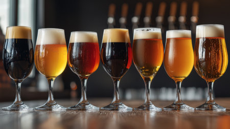 A row of various beer glasses, each filled with different types of craft beer.の素材
