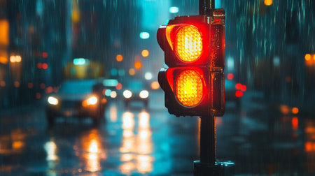 A vibrant traffic light shining brightly against a backdrop of rainy city streets.の素材