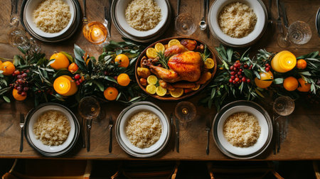 A top view of a rustic table setting with rice and roasted chicken as the main dish.の素材