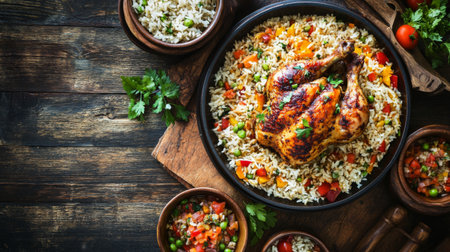 A top view of a rustic table setting with rice and roasted chicken as the main dish.の素材