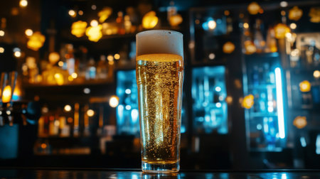 A tall glass of lager with bubbles rising, framed by the bar's ambient lighting.の素材